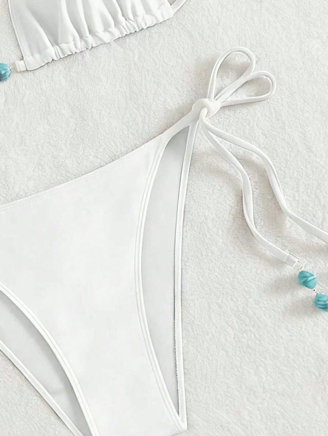 Summer New Spaghetti Strap Backless White Bikini Bottoms With Side Tie & Blue Beaded Ends, 2 Pieces Swimwear For Women Vacation Beach