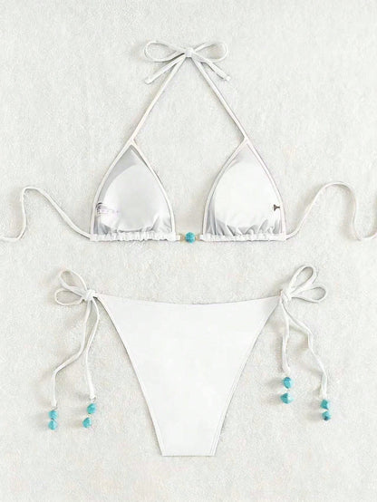 Summer New Spaghetti Strap Backless White Bikini Bottoms With Side Tie & Blue Beaded Ends, 2 Pieces Swimwear For Women Vacation Beach