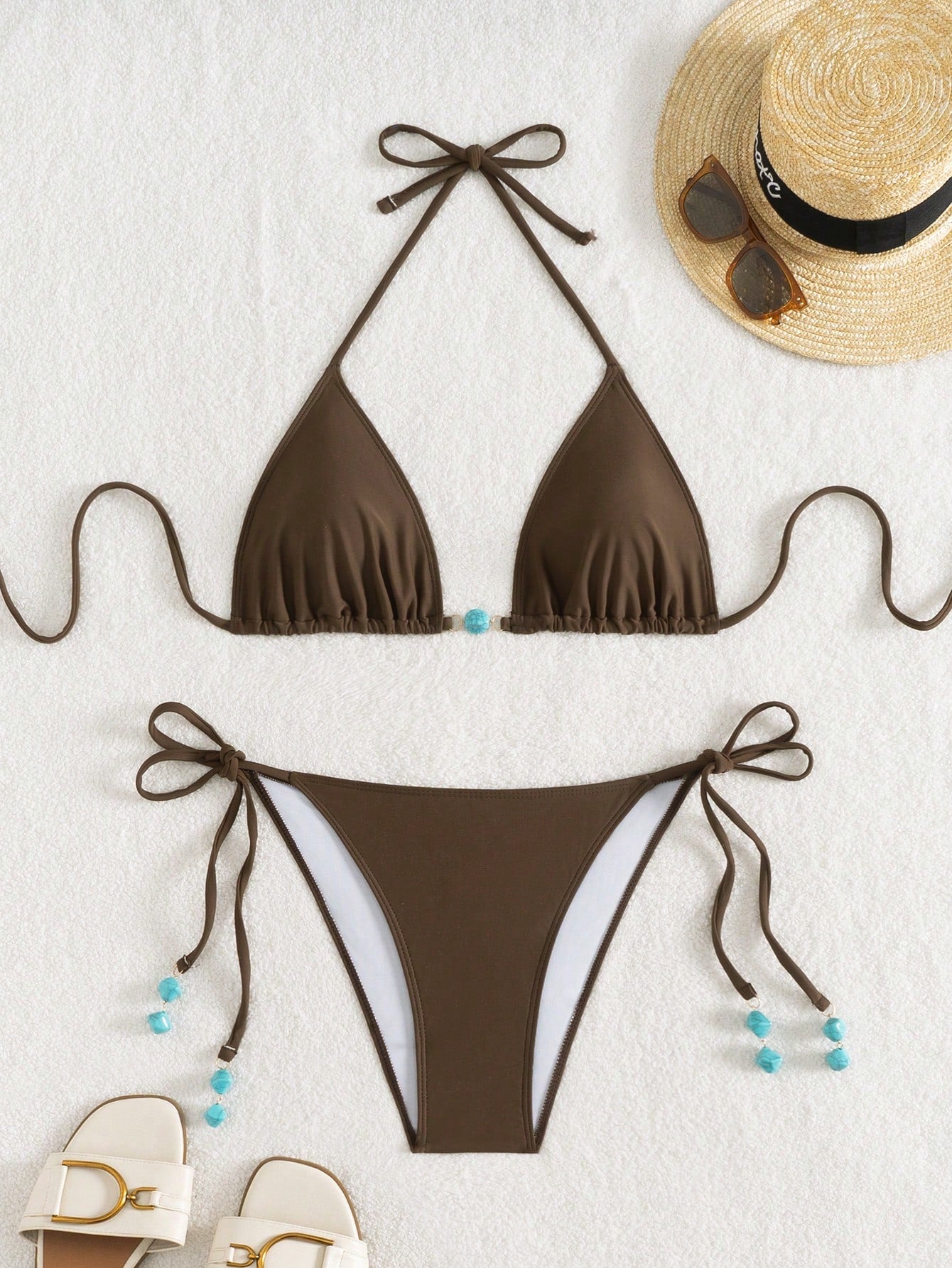 Summer New Spaghetti Strap Backless White Bikini Bottoms With Side Tie & Blue Beaded Ends, 2 Pieces Swimwear For Women Vacation Beach