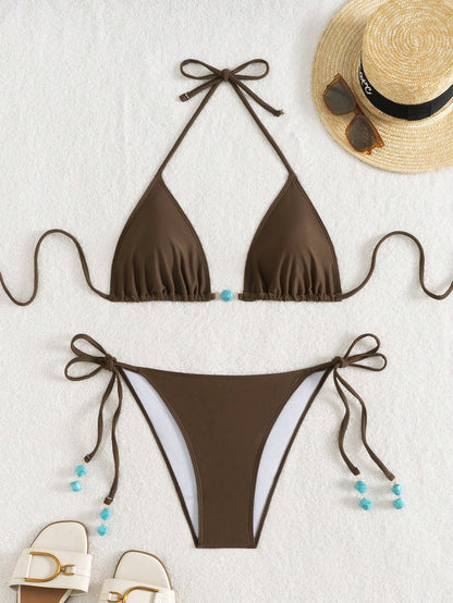 Summer New Spaghetti Strap Backless White Bikini Bottoms With Side Tie & Blue Beaded Ends, 2 Pieces Swimwear For Women Vacation Beach