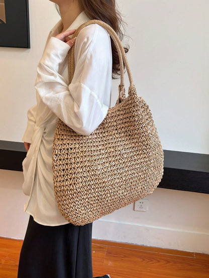 Summer Popular Straw Woven Tote Large Bag Women's New Style Beach Vacation Straw Woven Bag Large Capacity Shoulder Bag Handbag