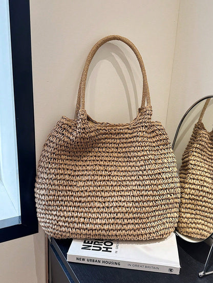 Summer Popular Straw Woven Tote Large Bag Women's New Style Beach Vacation Straw Woven Bag Large Capacity Shoulder Bag Handbag