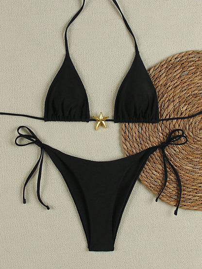 Summer Sexy Metal Starfish Decor Solid Color Women's Bikini Two Pieces Set, Beach Vacation Party Fashion Elegant Casual Swimsuit Set