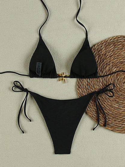 Summer Sexy Metal Starfish Decor Solid Color Women's Bikini Two Pieces Set, Beach Vacation Party Fashion Elegant Casual Swimsuit Set