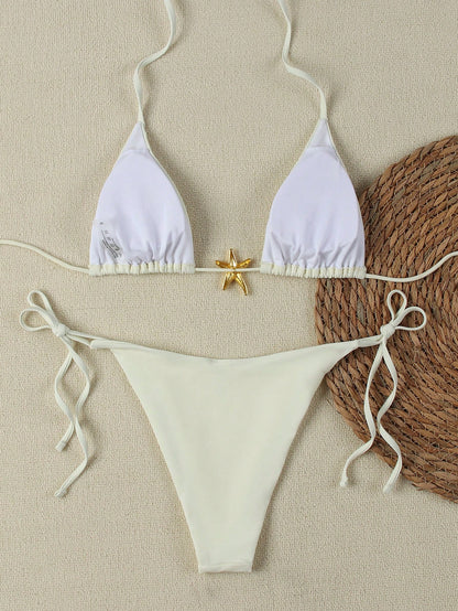 Summer Sexy Metal Starfish Decor Solid Color Women's Bikini Two Pieces Set, Beach Vacation Party Fashion Elegant Casual Swimsuit Set