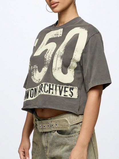 SUMWON WOMEN Oversized Urban Street Style Graphic T Shirt With Number Print Statement Tee Distressed Vintage Washed Cool Design Festival Concert Casual Wear