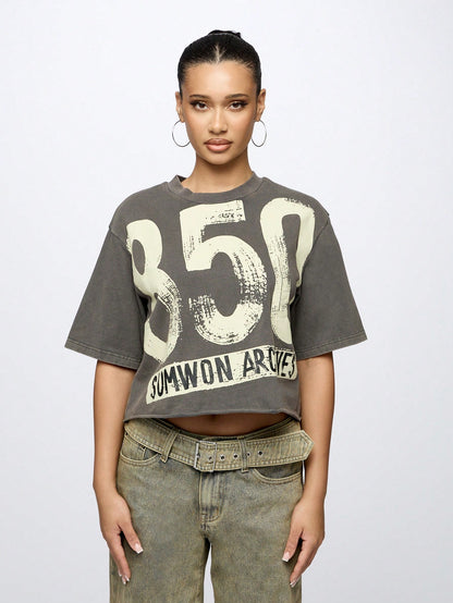 SUMWON WOMEN Oversized Urban Street Style Graphic T Shirt With Number Print Statement Tee Distressed Vintage Washed Cool Design Festival Concert Casual Wear