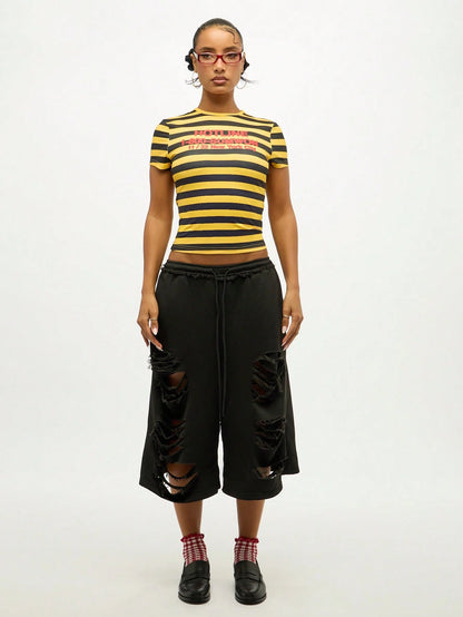 SUMWON WOMEN Retro Style Striped Crop T-Shirt With Hotline Text Print New York City Statement Fitted Short Sleeve Top Y2K Fashion Streetwear