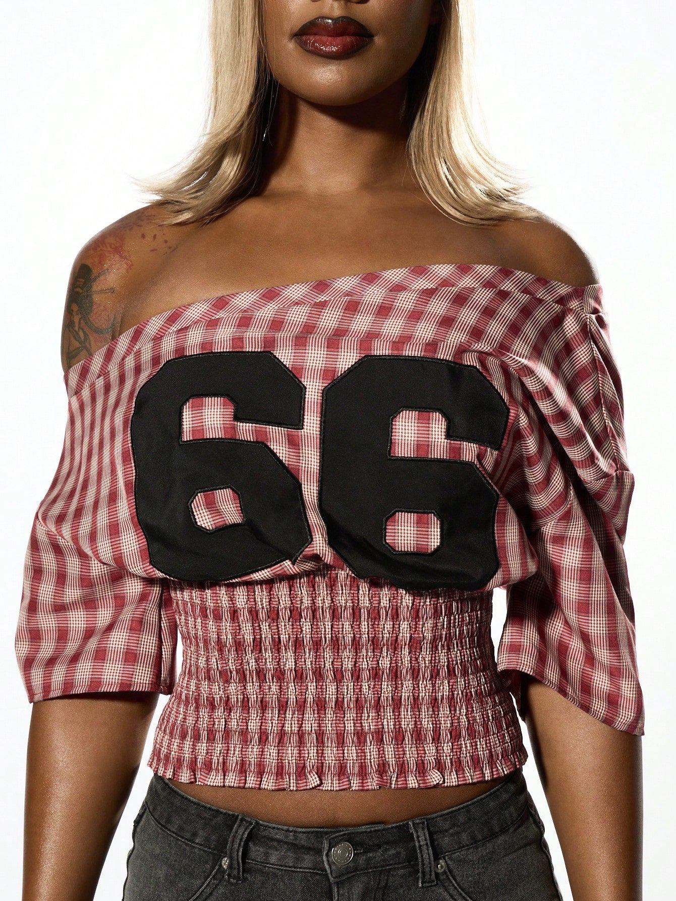 SUMWON WOMEN Retro Varsity Crop Top Off Shoulder Shirred Waist Festival Number Print Casual Retro Tee