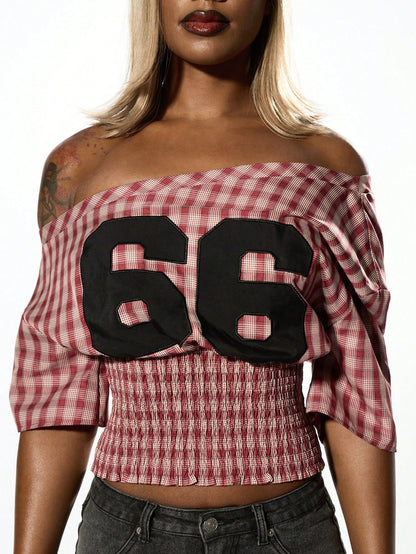 SUMWON WOMEN Retro Varsity Crop Top Off Shoulder Shirred Waist Festival Number Print Casual Retro Tee