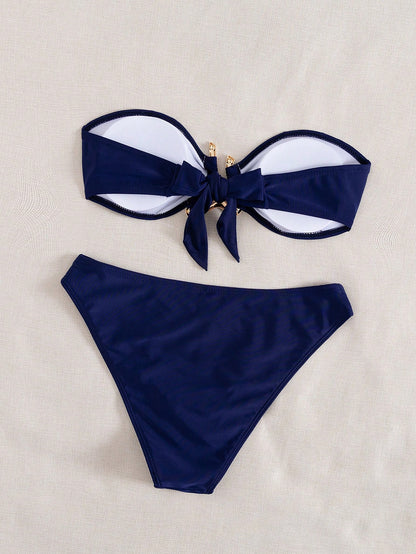 Sundfotday Women's Fashionable Sexy Gold Clip Decor Bandeau Bikini Set, Separates Swimwear For Party Beach Vacation Summer