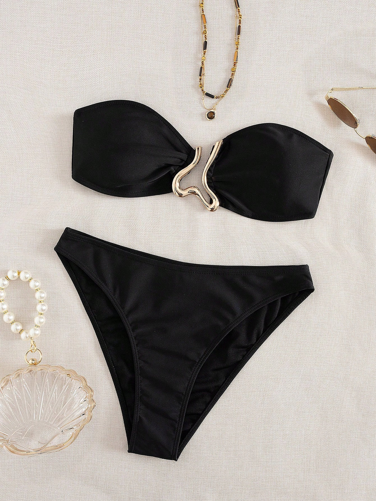 Sundfotday Women's Fashionable Sexy Gold Clip Decor Bandeau Bikini Set, Separates Swimwear For Party Beach Vacation Summer