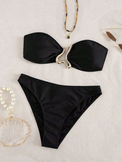 Sundfotday Women's Fashionable Sexy Gold Clip Decor Bandeau Bikini Set, Separates Swimwear For Party Beach Vacation Summer