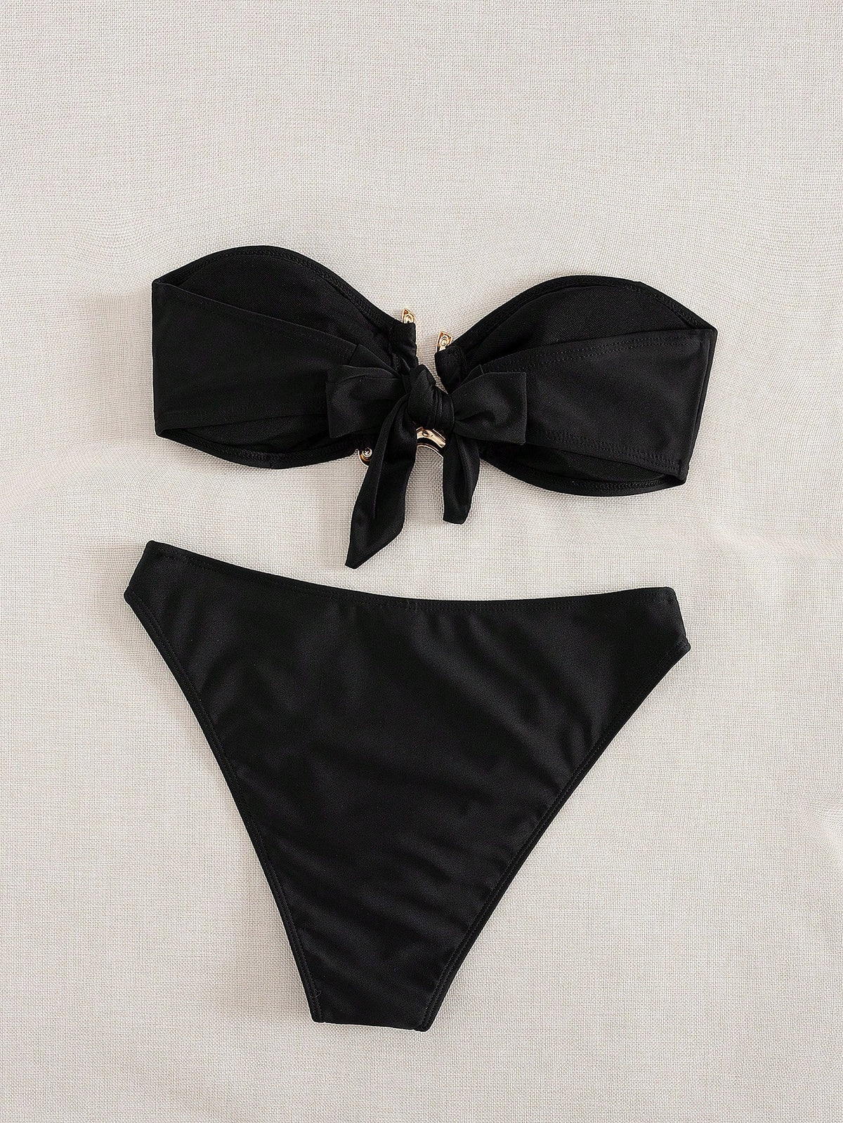 Sundfotday Women's Fashionable Sexy Gold Clip Decor Bandeau Bikini Set, Separates Swimwear For Party Beach Vacation Summer