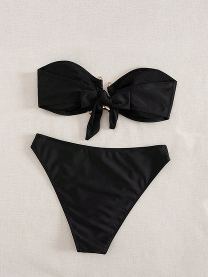 Sundfotday Women's Fashionable Sexy Gold Clip Decor Bandeau Bikini Set, Separates Swimwear For Party Beach Vacation Summer
