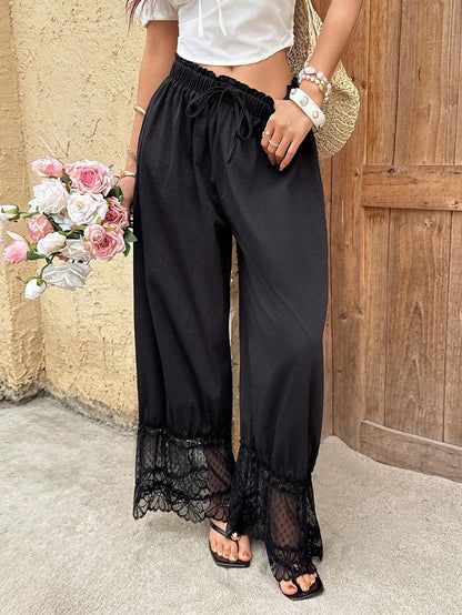 Sunnyshic Women's Black Summer Boho Elegant Vacation Holiday Retro Lace Puff Pants,High Waist Lace Trim Wide Leg Capri Pants Bohemian Trousers