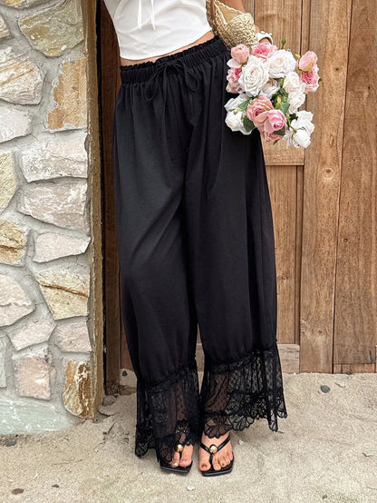 Sunnyshic Women's Black Summer Boho Elegant Vacation Holiday Retro Lace Puff Pants,High Waist Lace Trim Wide Leg Capri Pants Bohemian Trousers