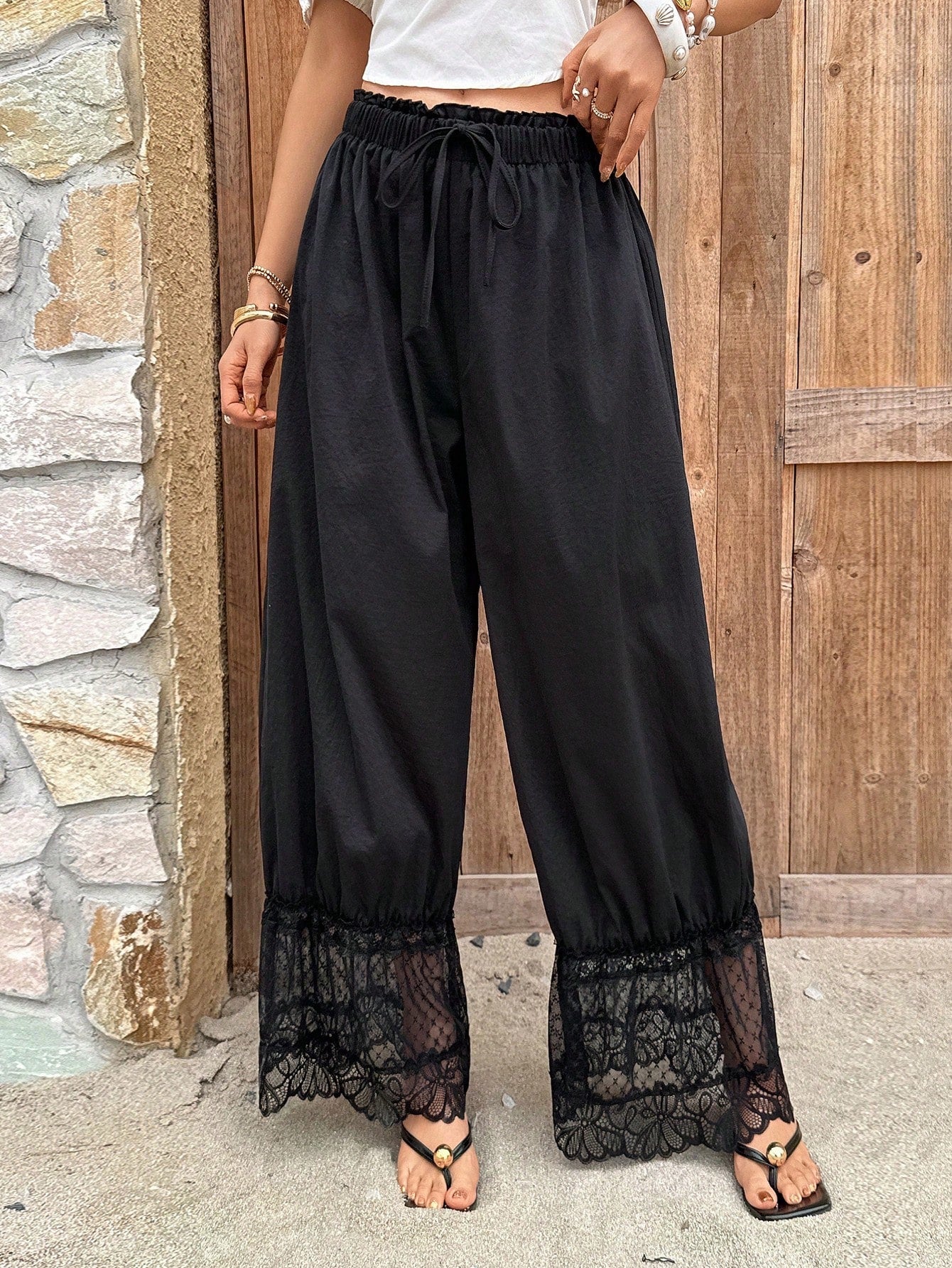 Sunnyshic Women's Black Summer Boho Elegant Vacation Holiday Retro Lace Puff Pants,High Waist Lace Trim Wide Leg Capri Pants Bohemian Trousers