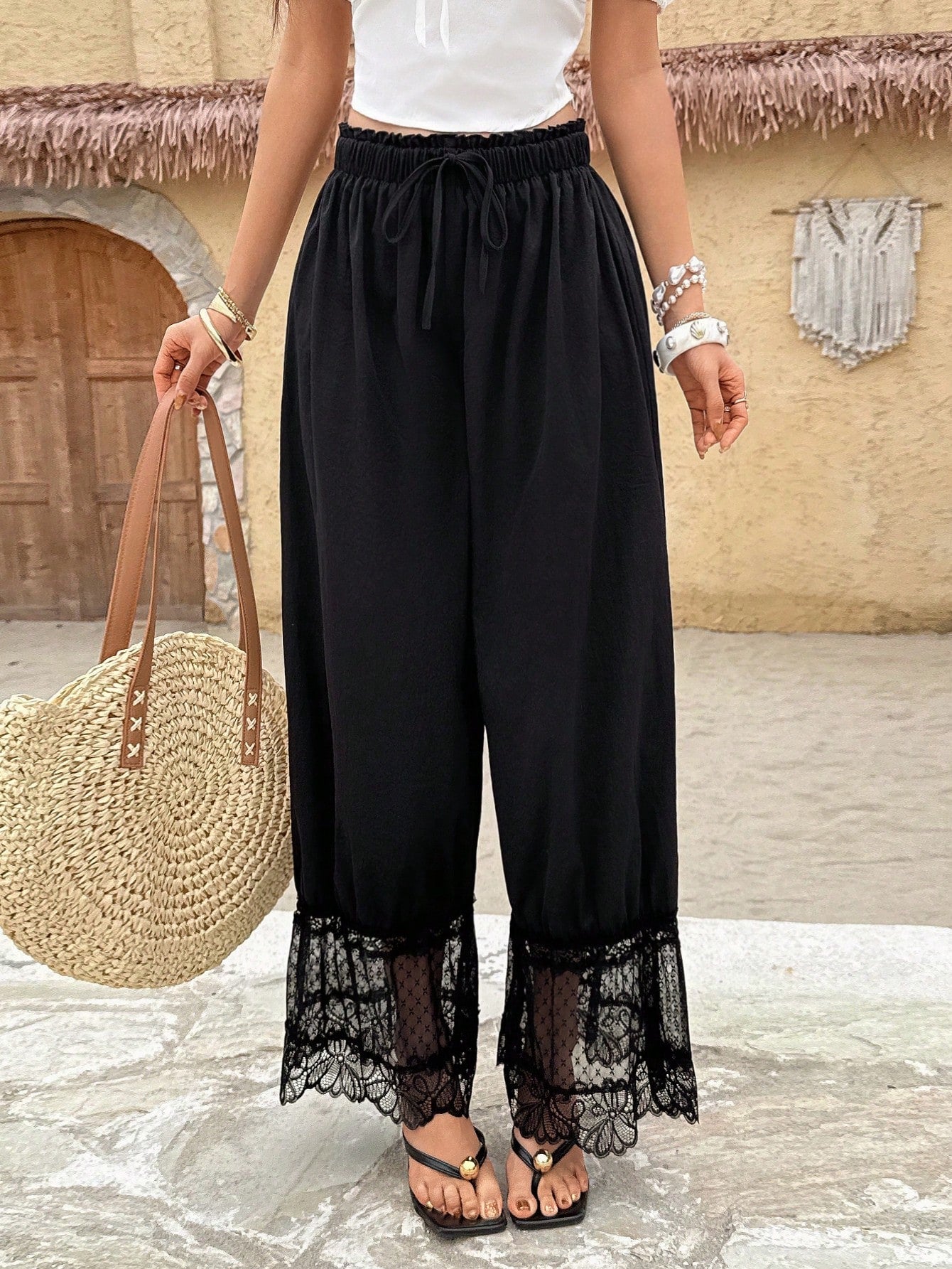 Sunnyshic Women's Black Summer Boho Elegant Vacation Holiday Retro Lace Puff Pants,High Waist Lace Trim Wide Leg Capri Pants Bohemian Trousers