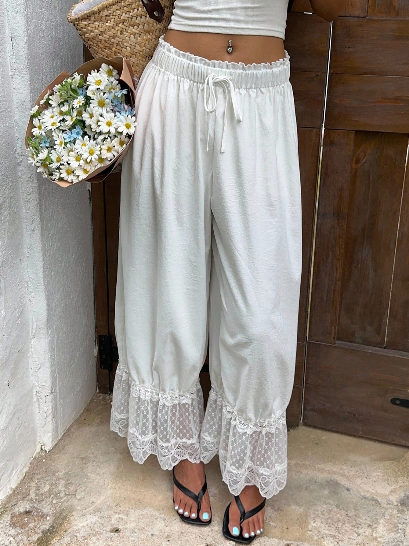 Sunnyshic Women's Black Summer Boho Elegant Vacation Holiday Retro Lace Puff Pants,High Waist Lace Trim Wide Leg Capri Pants Bohemian Trousers