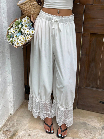 Sunnyshic Women's Black Summer Boho Elegant Vacation Holiday Retro Lace Puff Pants,High Waist Lace Trim Wide Leg Capri Pants Bohemian Trousers