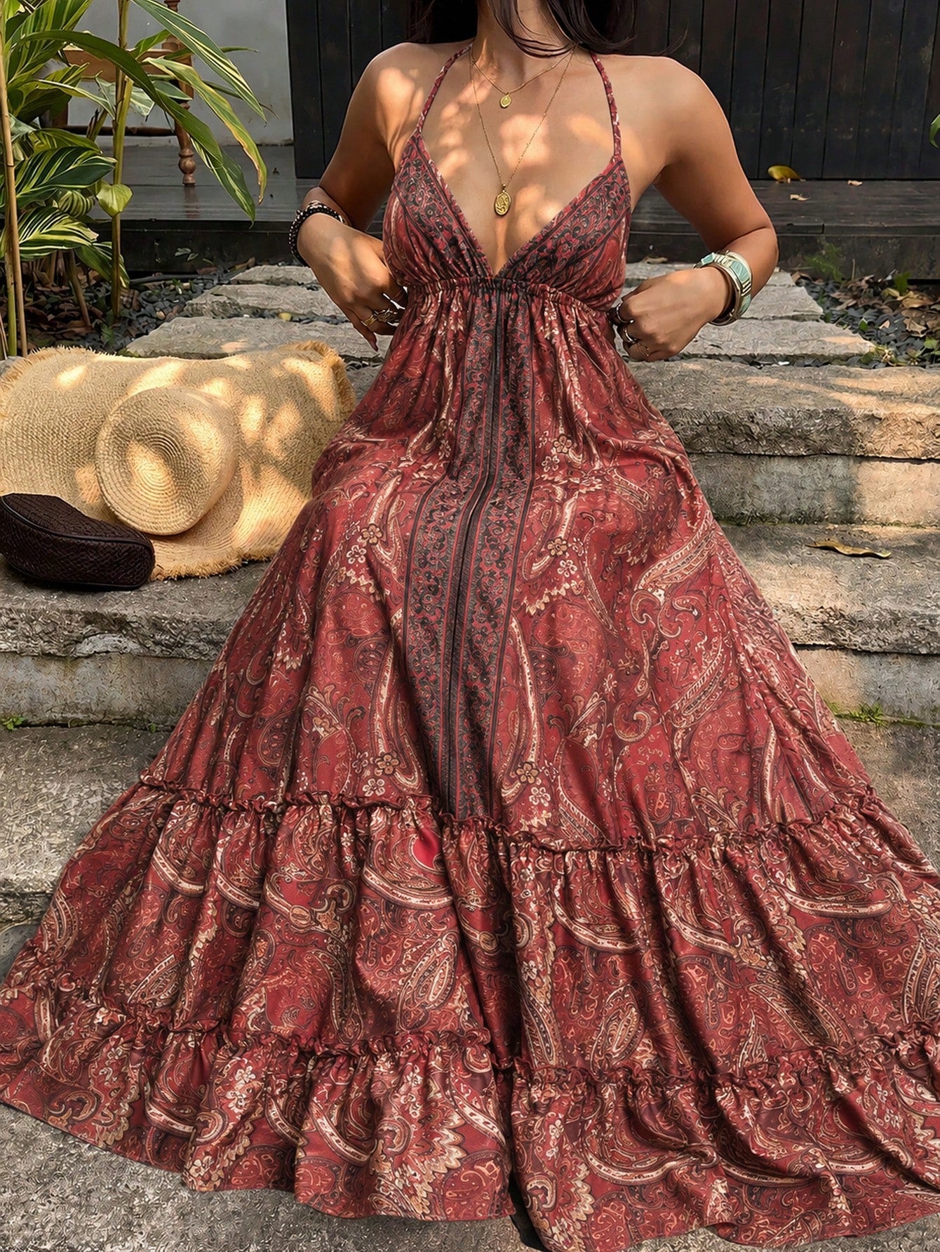 Sunnyshic Women's Casual Vacation Fashion Daily Versatile Bohemian Paisley Print Backless Halter Tie Bow Long Dress, Spring/Summer
