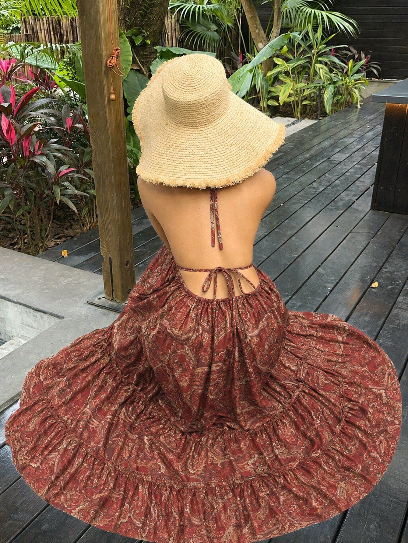 Sunnyshic Women's Casual Vacation Fashion Daily Versatile Bohemian Paisley Print Backless Halter Tie Bow Long Dress, Spring/Summer
