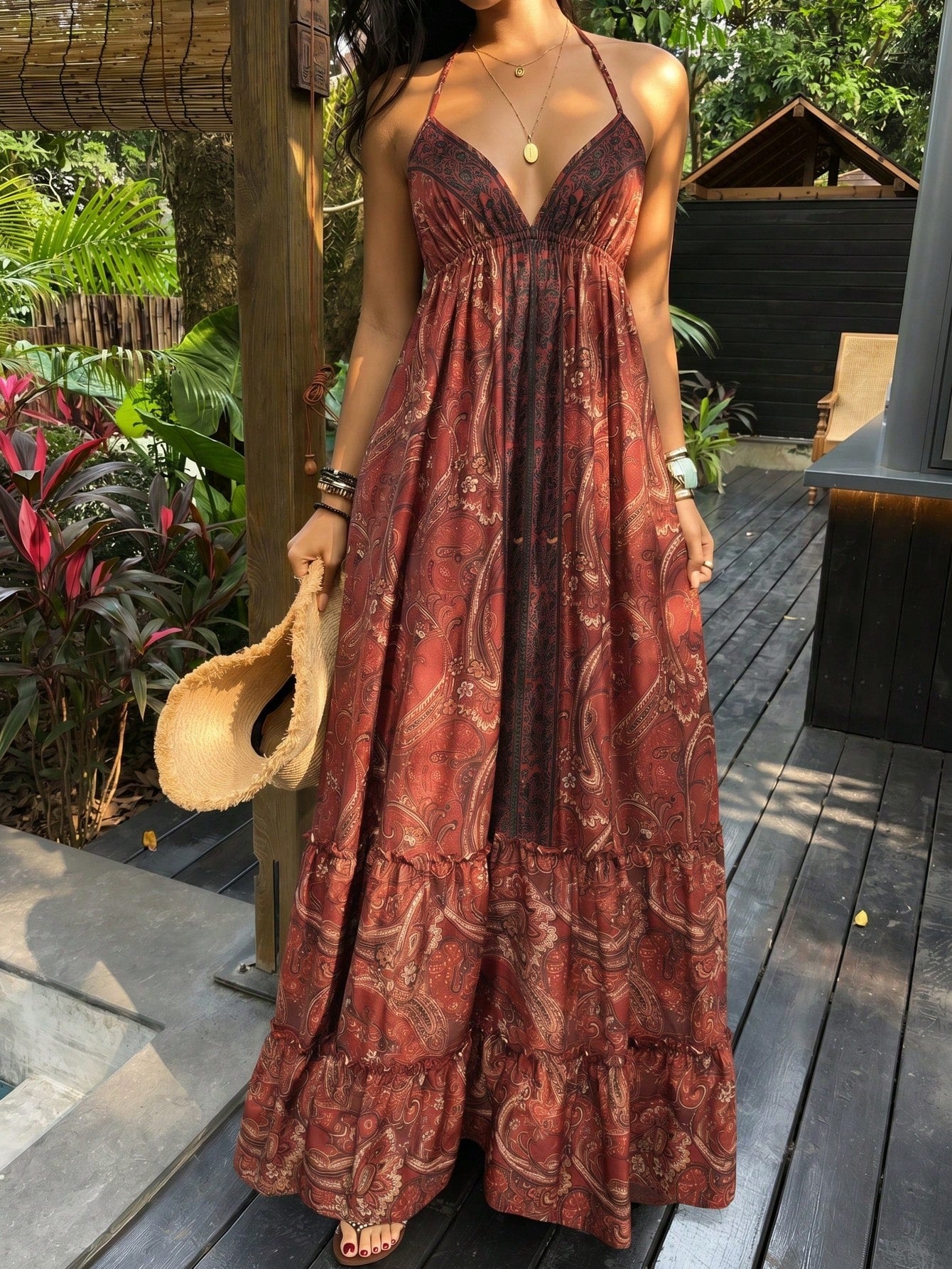 Sunnyshic Women's Casual Vacation Fashion Daily Versatile Bohemian Paisley Print Backless Halter Tie Bow Long Dress, Spring/Summer
