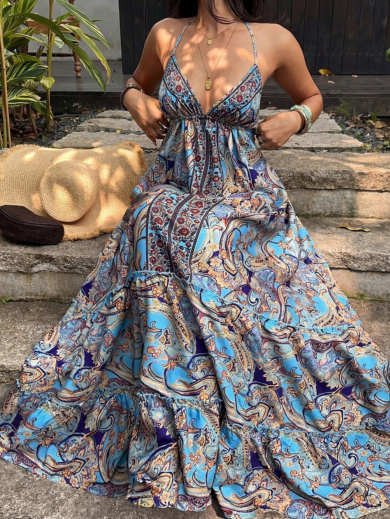 Sunnyshic Women's Casual Vacation Fashion Daily Versatile Bohemian Paisley Print Backless Halter Tie Bow Long Dress, Spring/Summer