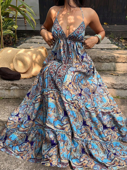 Sunnyshic Women's Casual Vacation Fashion Daily Versatile Bohemian Paisley Print Backless Halter Tie Bow Long Dress, Spring/Summer