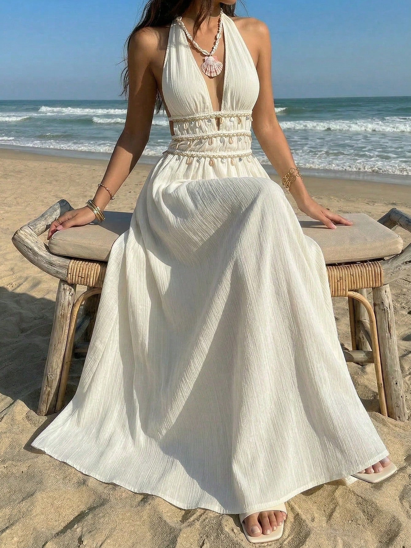 Sunnyshic Women's Off-White Pleated Texture Deep V-Neck Halter Tie-Waist Flounce Hem Shell Bead Tassel Trim A-Line Maxi Dress,Summer Boho Holiday Vacation
