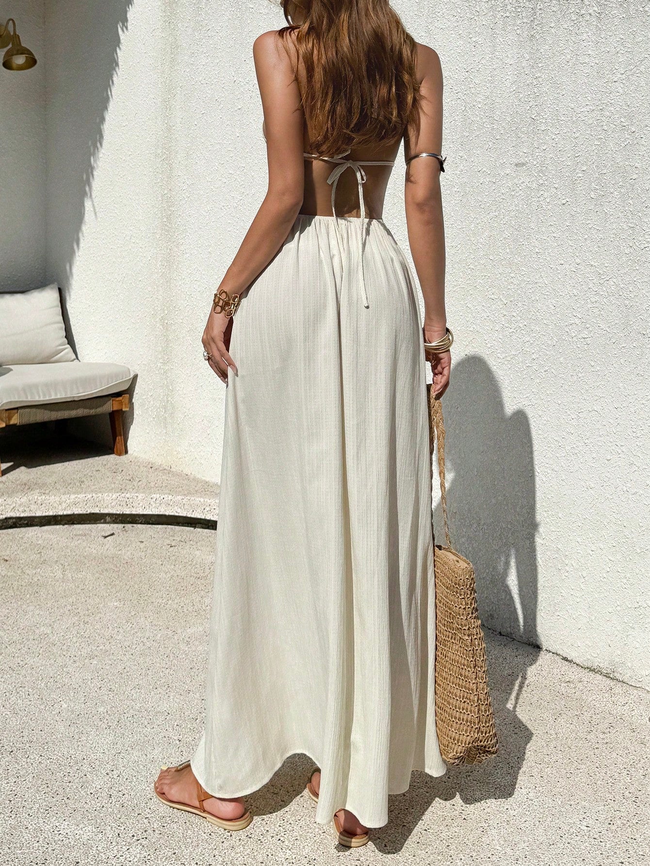 Sunnyshic Women's Off-White Pleated Texture Deep V-Neck Halter Tie-Waist Flounce Hem Shell Bead Tassel Trim A-Line Maxi Dress,Summer Boho Holiday Vacation