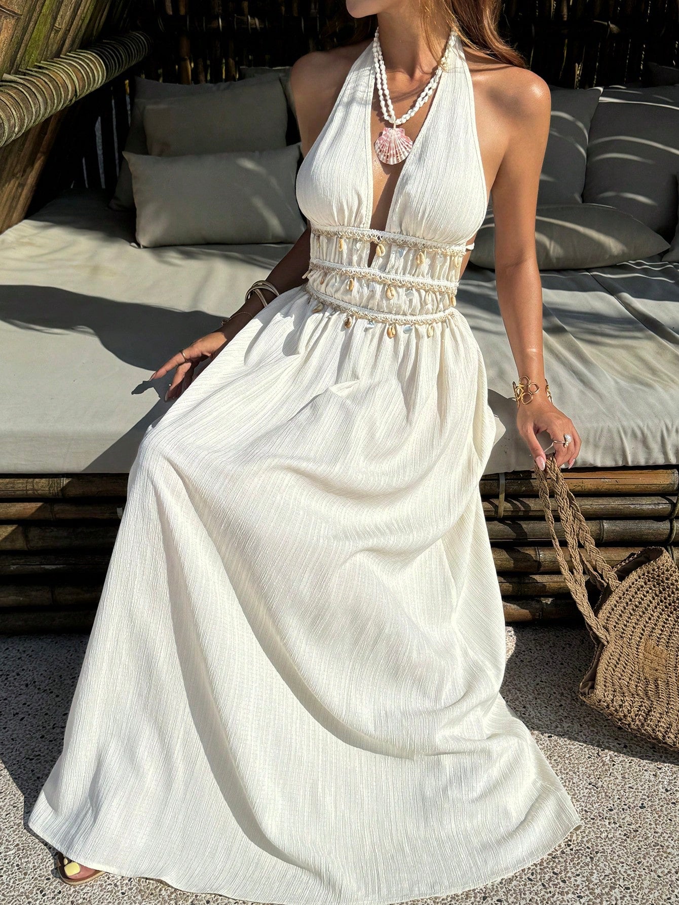 Sunnyshic Women's Off-White Pleated Texture Deep V-Neck Halter Tie-Waist Flounce Hem Shell Bead Tassel Trim A-Line Maxi Dress,Summer Boho Holiday Vacation