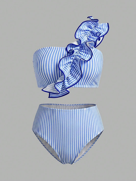 Sweetra CURVE Plus Size 2-Piece Swimwear Light Blue Striped,Summer,Tropical,Beach,One-Shoulder Asymmetric 3D Ruffle Trim High-Waisted Swim Shorts Set Cute Vacation