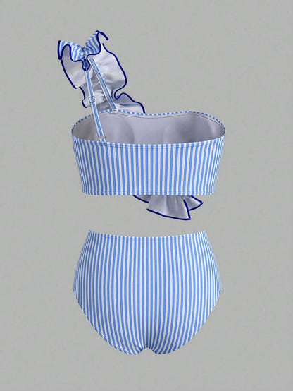 Sweetra CURVE Plus Size 2-Piece Swimwear Light Blue Striped,Summer,Tropical,Beach,One-Shoulder Asymmetric 3D Ruffle Trim High-Waisted Swim Shorts Set Cute Vacation