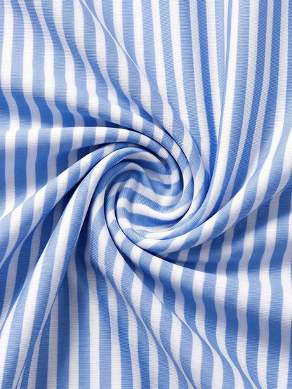 Sweetra CURVE Plus Size 2-Piece Swimwear Light Blue Striped,Summer,Tropical,Beach,One-Shoulder Asymmetric 3D Ruffle Trim High-Waisted Swim Shorts Set Cute Vacation