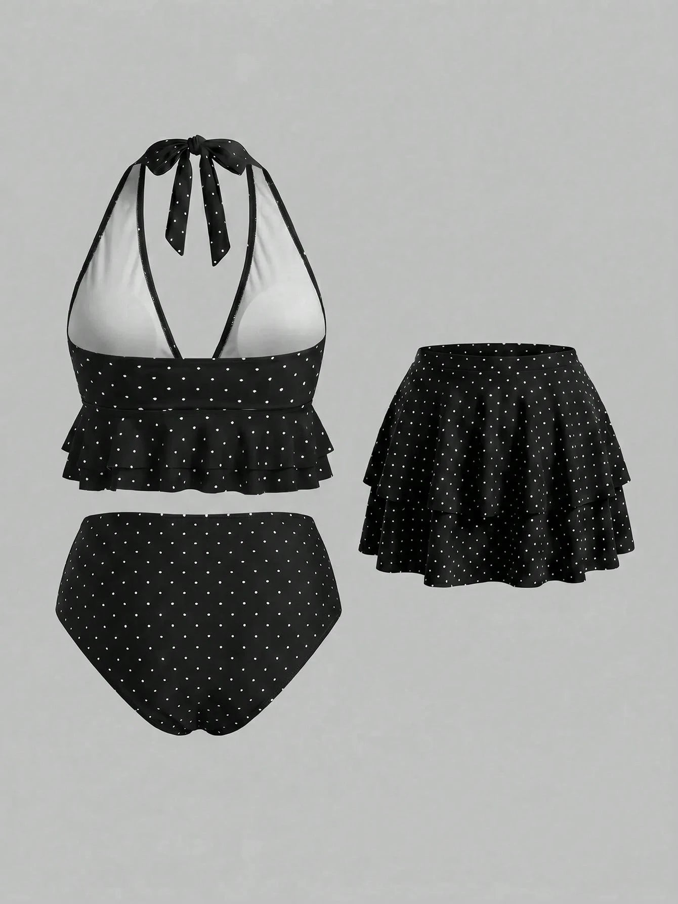 Sweetra CURVE Plus Size Women's Polka Dot Halter Tankini Top, Triangle Tankini Bottom And Mini Skirt, Suitable For Summer Vacation Beach Black