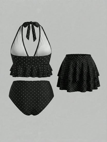 Sweetra CURVE Plus Size Women's Polka Dot Halter Tankini Top, Triangle Tankini Bottom And Mini Skirt, Suitable For Summer Vacation Beach Black