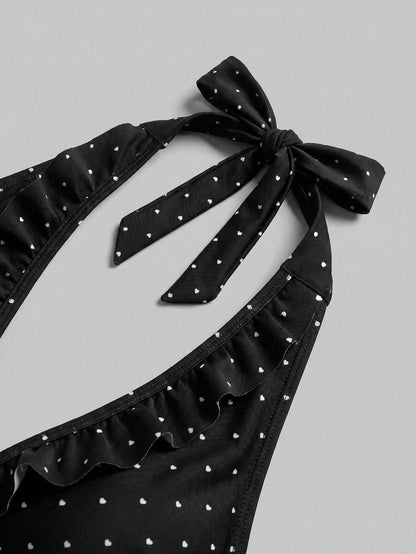 Sweetra CURVE Plus Size Women's Polka Dot Halter Tankini Top, Triangle Tankini Bottom And Mini Skirt, Suitable For Summer Vacation Beach Black