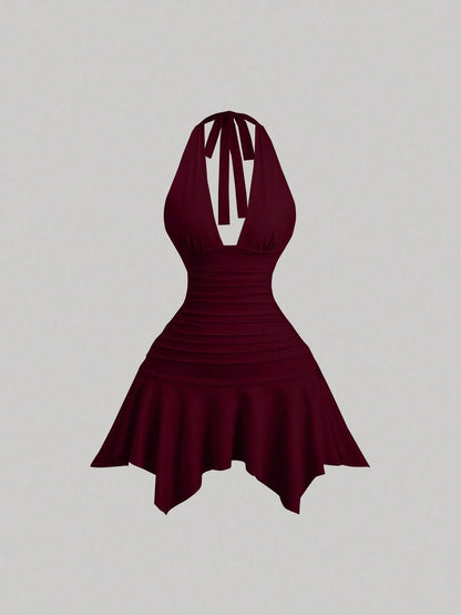 Sweetra New Asymmetric Hem Cinched Waist Elegant Commuter Daily Wear Deep V Neck Backless Mini Dress For Women, Summer