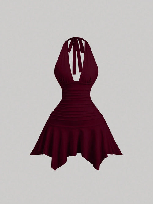 Sweetra New Asymmetric Hem Cinched Waist Elegant Commuter Daily Wear Deep V Neck Backless Mini Dress For Women, Summer