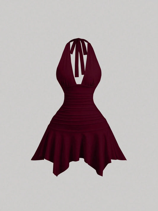 Sweetra New Asymmetric Hem Cinched Waist Elegant Commuter Daily Wear Deep V Neck Backless Mini Dress For Women, Summer