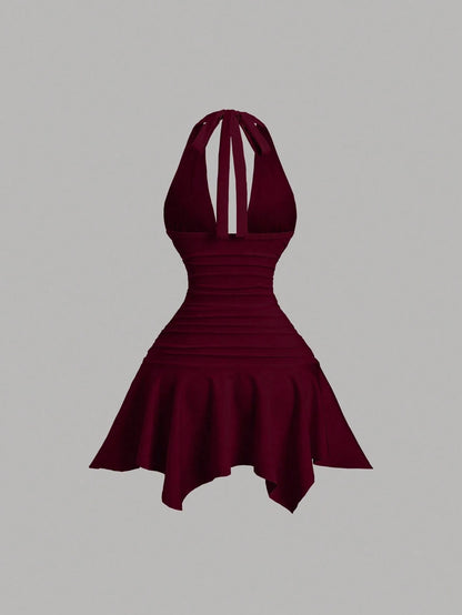 Sweetra New Asymmetric Hem Cinched Waist Elegant Commuter Daily Wear Deep V Neck Backless Mini Dress For Women, Summer