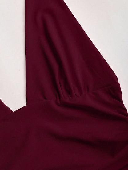 Sweetra New Asymmetric Hem Cinched Waist Elegant Commuter Daily Wear Deep V Neck Backless Mini Dress For Women, Summer
