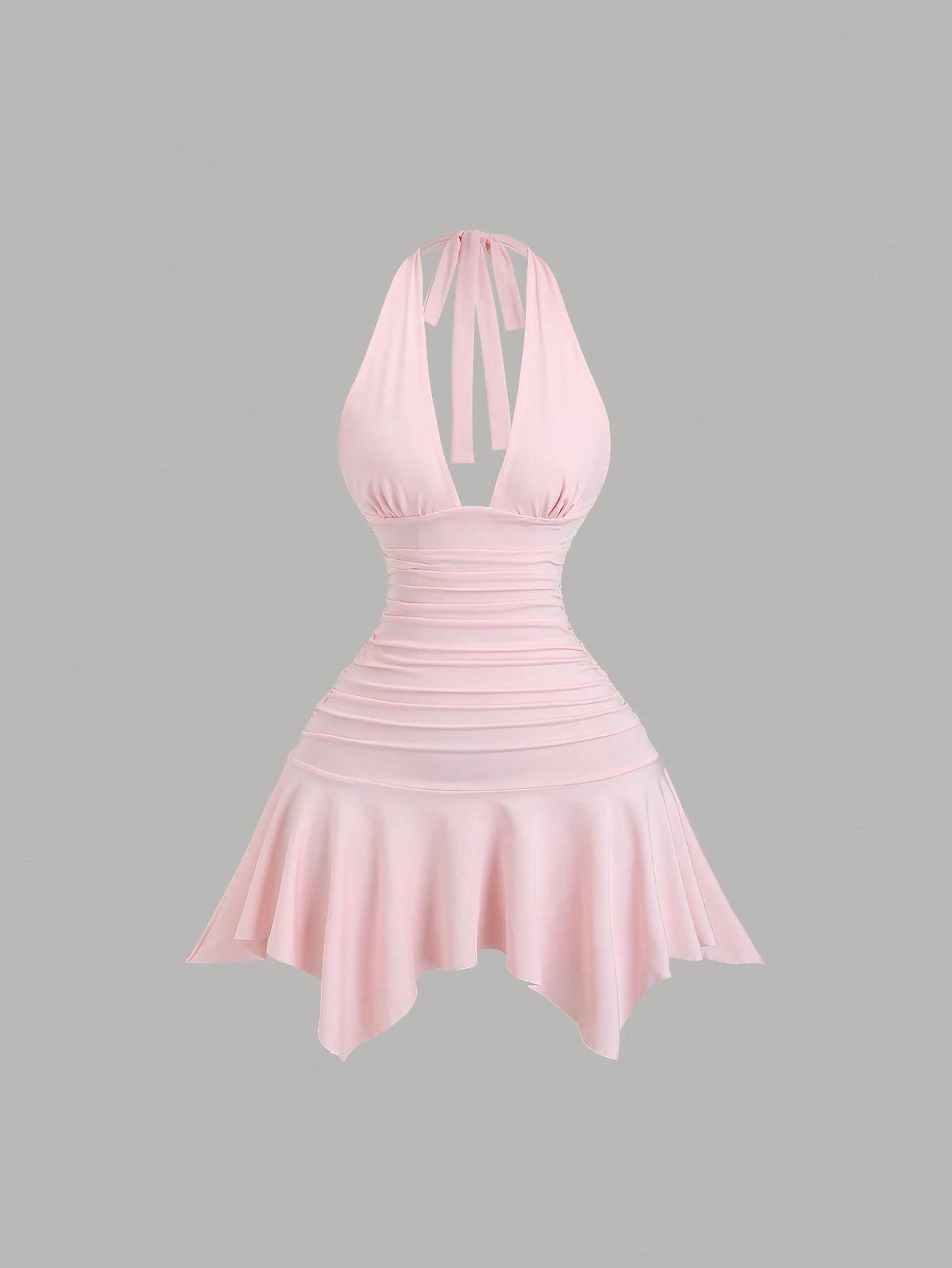Sweetra New Asymmetric Hem Cinched Waist Elegant Commuter Daily Wear Deep V Neck Backless Mini Dress For Women, Summer
