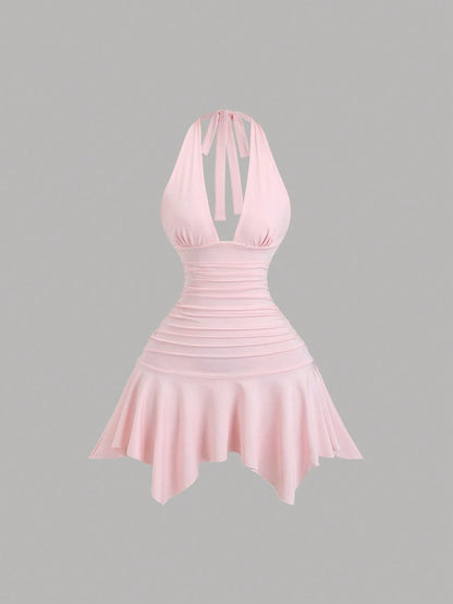 Sweetra New Asymmetric Hem Cinched Waist Elegant Commuter Daily Wear Deep V Neck Backless Mini Dress For Women, Summer