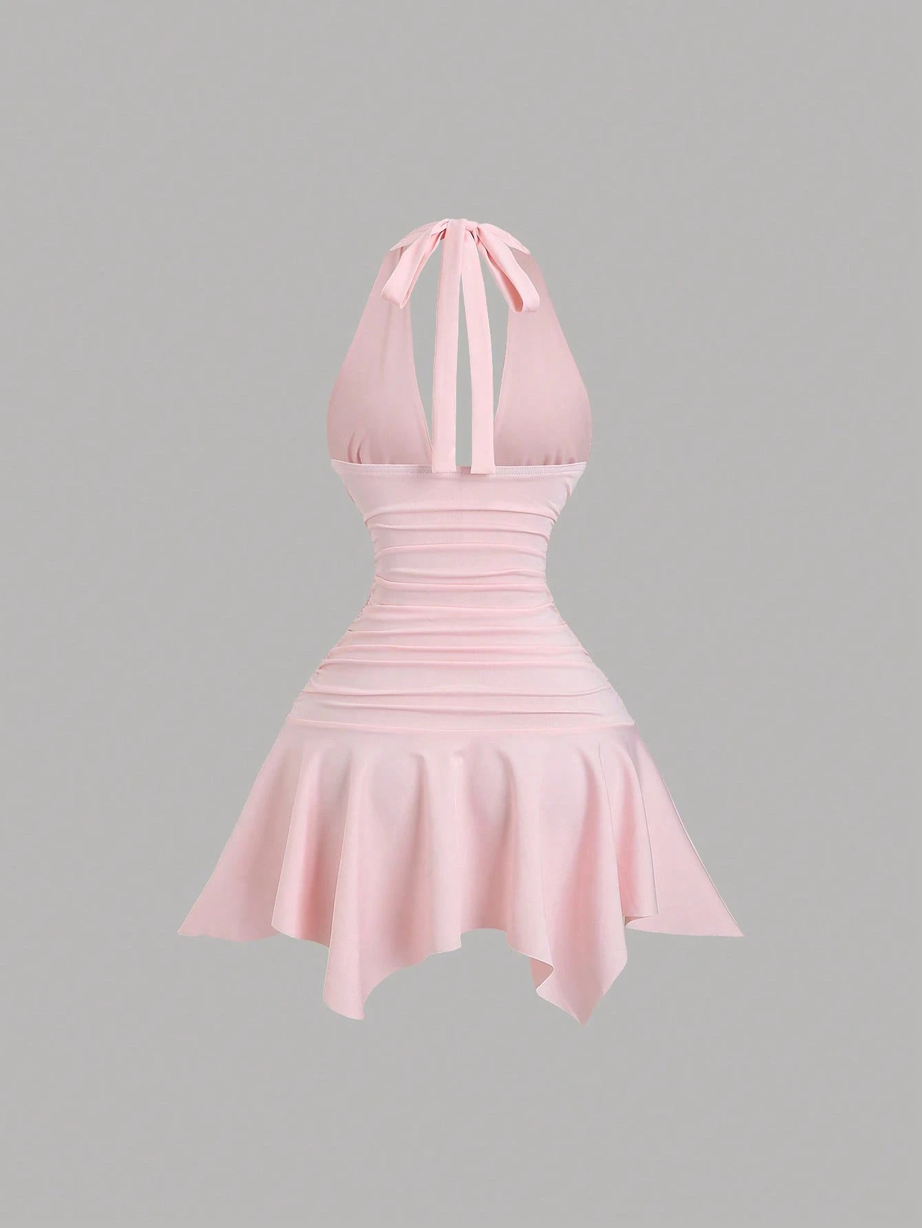 Sweetra New Asymmetric Hem Cinched Waist Elegant Commuter Daily Wear Deep V Neck Backless Mini Dress For Women, Summer