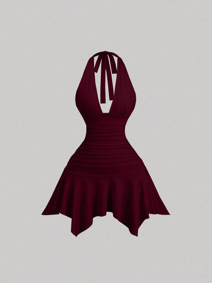 Sweetra New Asymmetric Hem Cinched Waist Elegant Commuter Daily Wear Deep V Neck Backless Mini Dress For Women, Summer