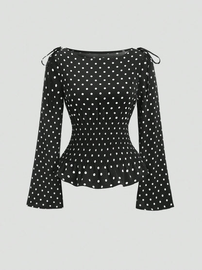 Sweetra New Autumn/Winter French Elegant Fashion Polka Dot Shoulder Bowknot Waist Slimming Casual Commute Versatile Bell Sleeve Women Blouse