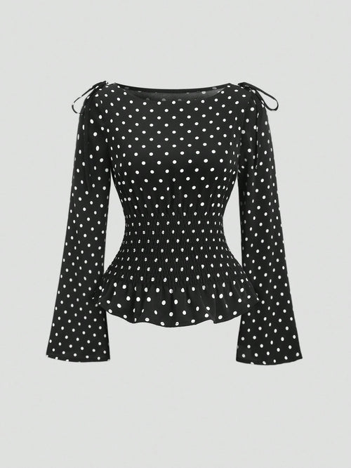 Sweetra New Autumn/Winter French Elegant Fashion Polka Dot Shoulder Bowknot Waist Slimming Casual Commute Versatile Bell Sleeve Women Blouse